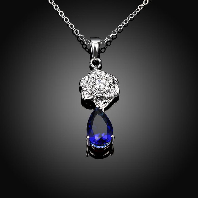 Wholesale Romantic Platinum Plated big blue water drop crystal pendant dazzling pave zircon flower nacklace fine wedding party jewelry  TGGPN191 2