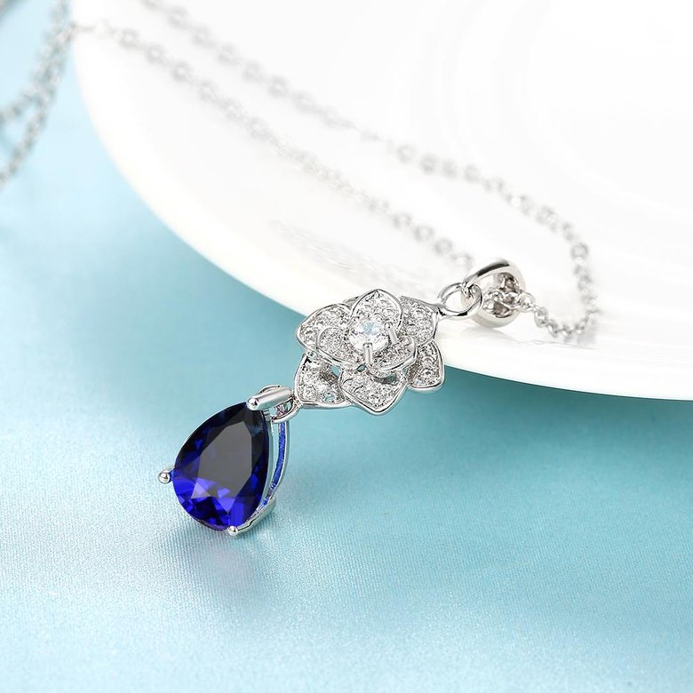 Wholesale Romantic Platinum Plated big blue water drop crystal pendant dazzling pave zircon flower nacklace fine wedding party jewelry  TGGPN191 3