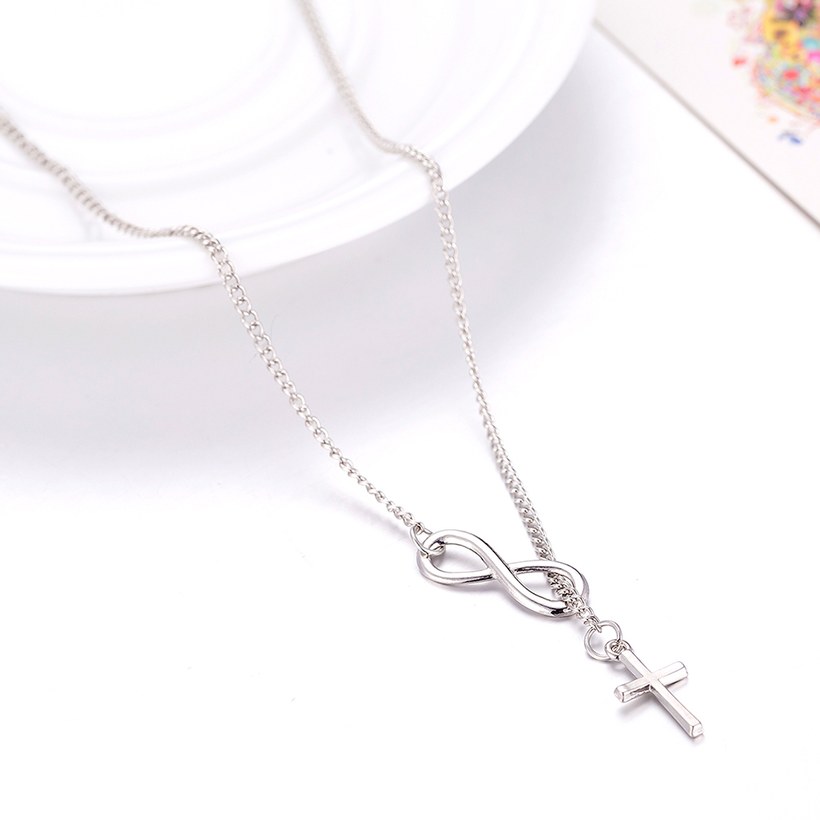 Wholesale Trendy Imitation Rhodium Cross Silver Alloy Necklace Simple Lucky Number 8-Character Cross Short Necklace Jewelry  TGGPN229 2