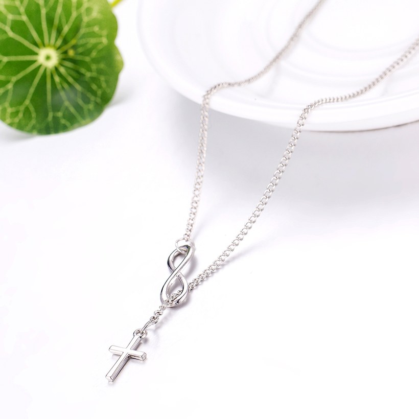 Wholesale Trendy Imitation Rhodium Cross Silver Alloy Necklace Simple Lucky Number 8-Character Cross Short Necklace Jewelry  TGGPN229 3