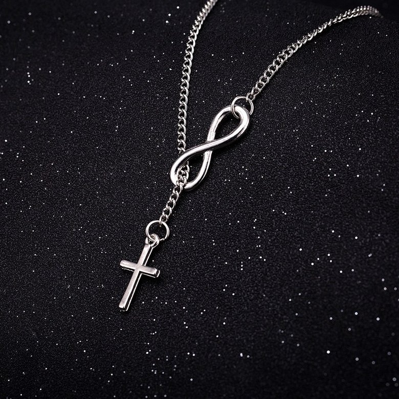Wholesale Trendy Imitation Rhodium Cross Silver Alloy Necklace Simple Lucky Number 8-Character Cross Short Necklace Jewelry  TGGPN229 4