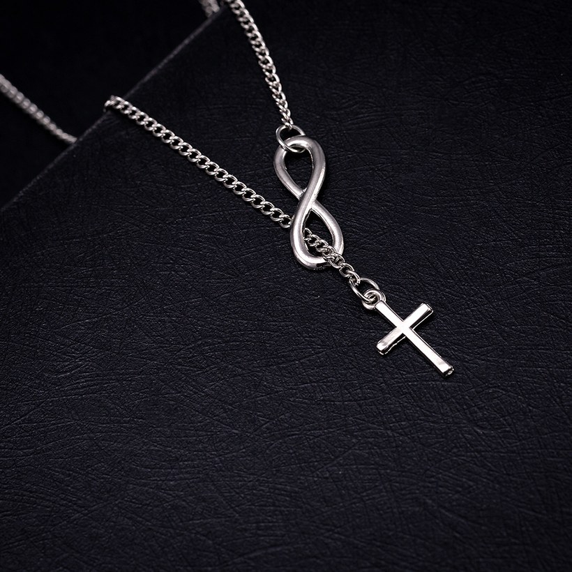 Wholesale Trendy Imitation Rhodium Cross Silver Alloy Necklace Simple Lucky Number 8-Character Cross Short Necklace Jewelry  TGGPN229 5