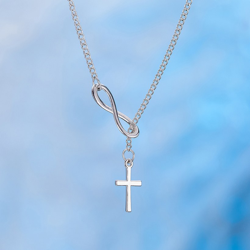 Wholesale Trendy Imitation Rhodium Cross Silver Alloy Necklace Simple Lucky Number 8-Character Cross Short Necklace Jewelry  TGGPN229 6