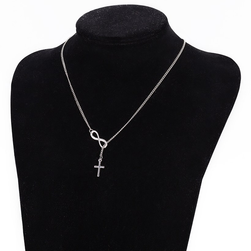 Wholesale Trendy Imitation Rhodium Cross Silver Alloy Necklace Simple Lucky Number 8-Character Cross Short Necklace Jewelry  TGGPN229 7