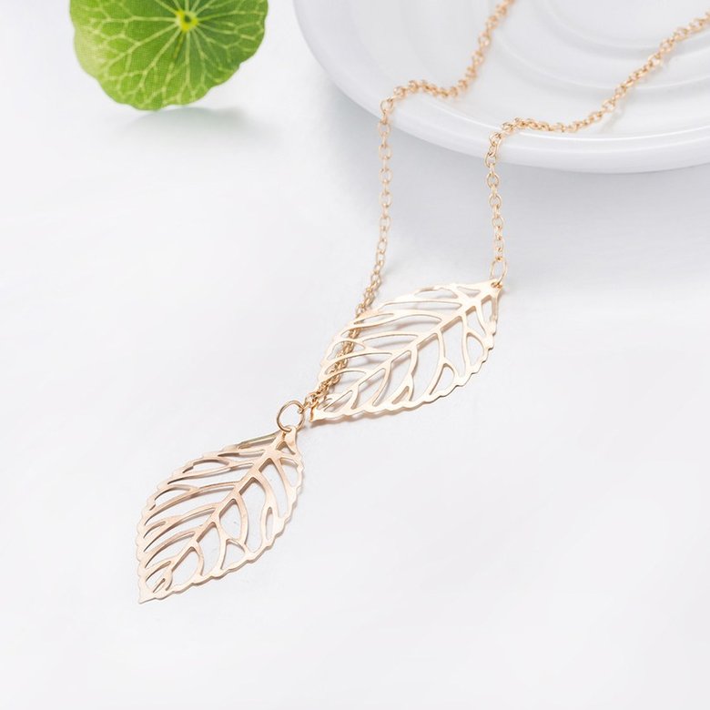 Wholesale Creative Simple Double Gold Leaf Pendant Necklace Women's Trend Punk Tassel Chain Pendant Fashion Ladies Party Jewelry Gifts TGGPN284 4