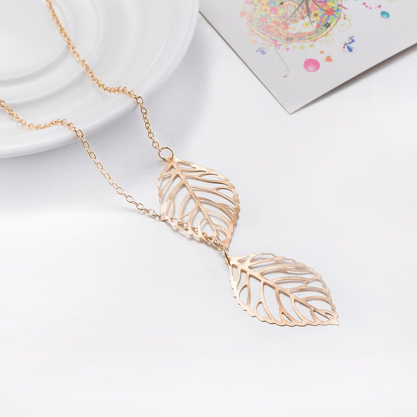 Wholesale Creative Simple Double Gold Leaf Pendant Necklace Women's Trend Punk Tassel Chain Pendant Fashion Ladies Party Jewelry Gifts TGGPN284 5