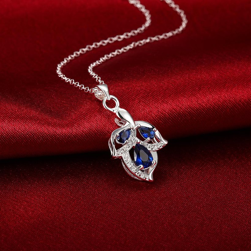 Wholesale Romantic Silver Plated blue CZ leaf Necklace delicate hot sale women jewelry TGSPN003 0