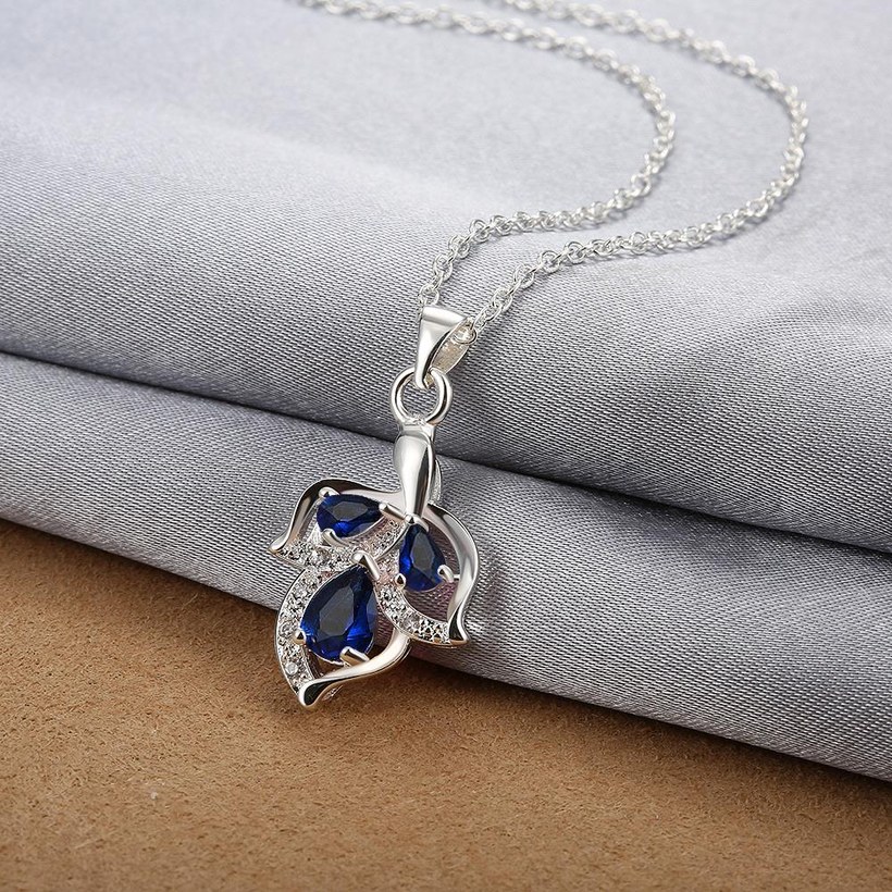 Wholesale Romantic Silver Plated blue CZ leaf Necklace delicate hot sale women jewelry TGSPN003 2