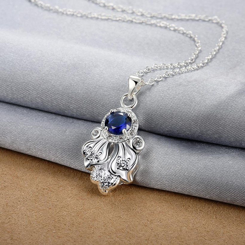 Wholesale Romantic Silver Plated blue CZ retro Necklace delicate hot sale women jewelry TGSPN009 2