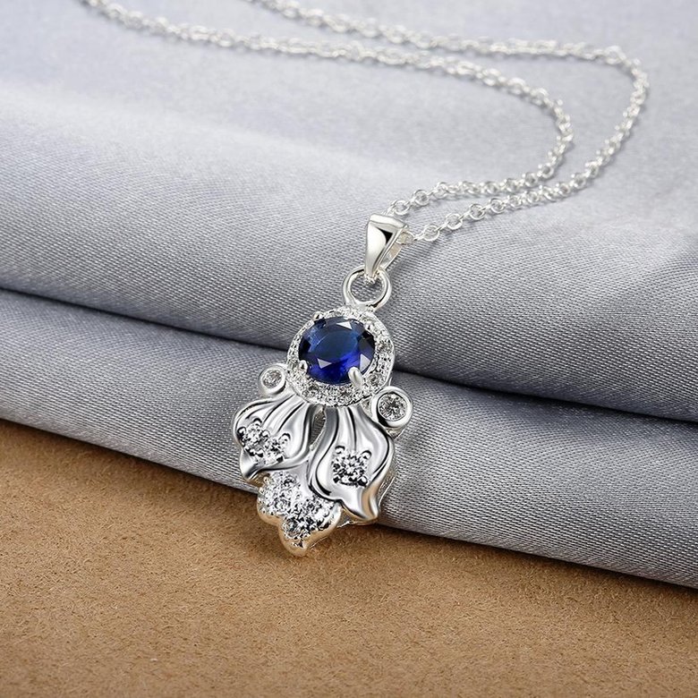 Wholesale Romantic Silver Plated blue CZ retro Necklace delicate hot sale women jewelry TGSPN009 2