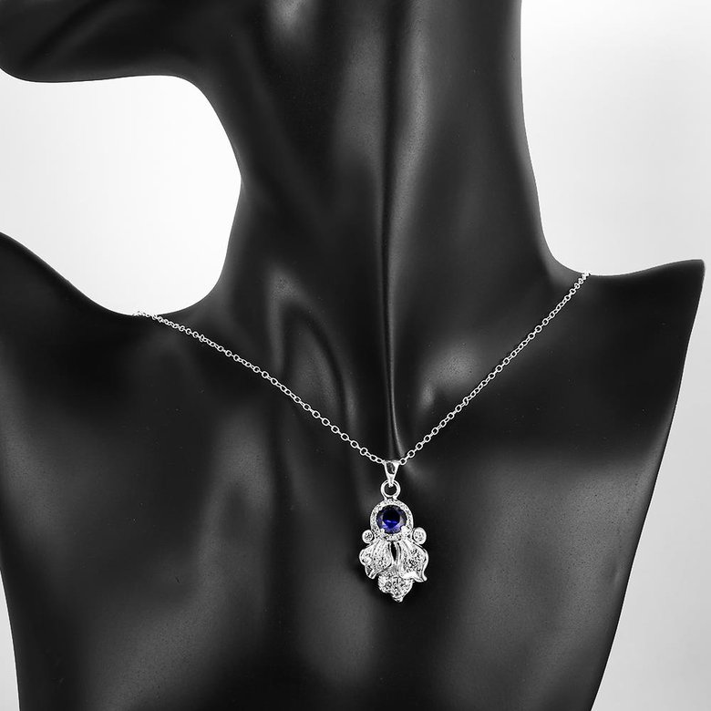 Wholesale Romantic Silver Plated blue CZ retro Necklace delicate hot sale women jewelry TGSPN009 4