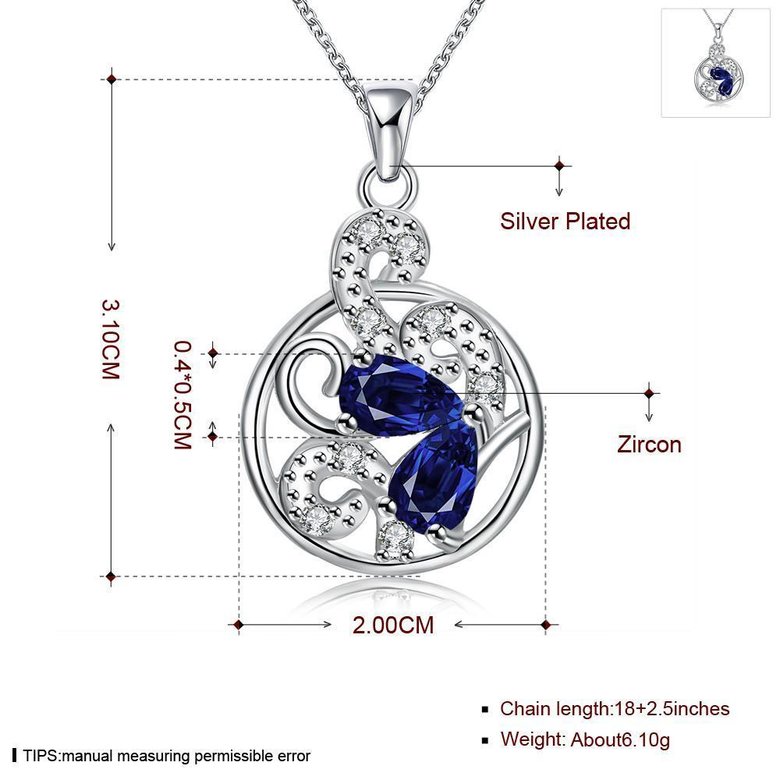 Wholesale Romantic Silver Plated blue CZ hollow round Necklace delicate hot sale women jewelry TGSPN010 0