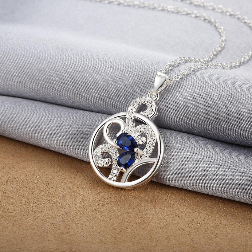 Wholesale Romantic Silver Plated blue CZ hollow round Necklace delicate hot sale women jewelry TGSPN010 2