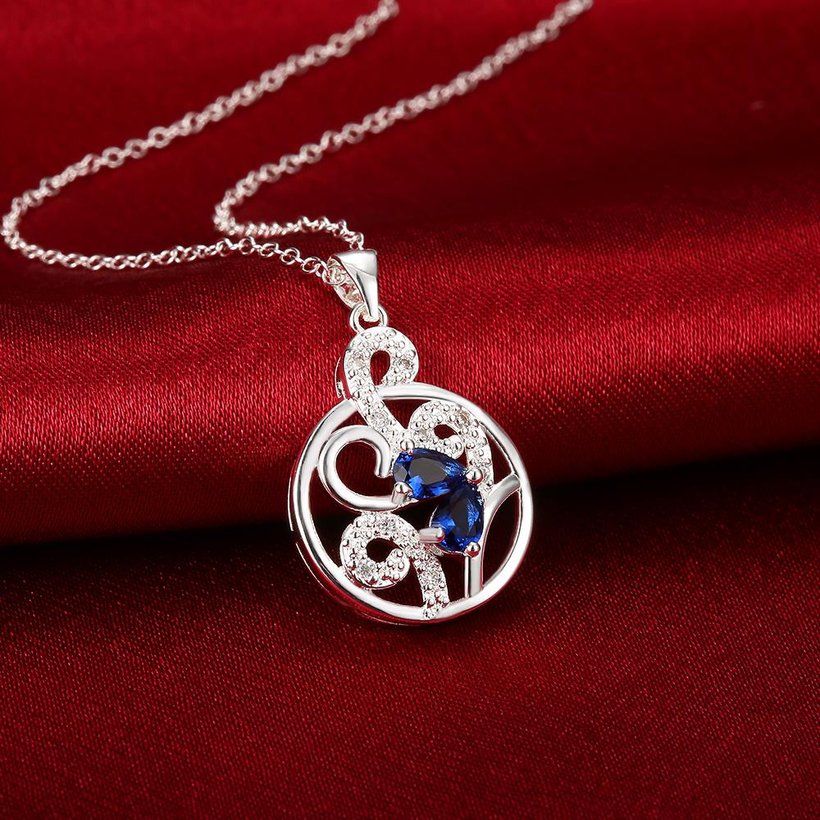 Wholesale Romantic Silver Plated blue CZ hollow round Necklace delicate hot sale women jewelry TGSPN010 3
