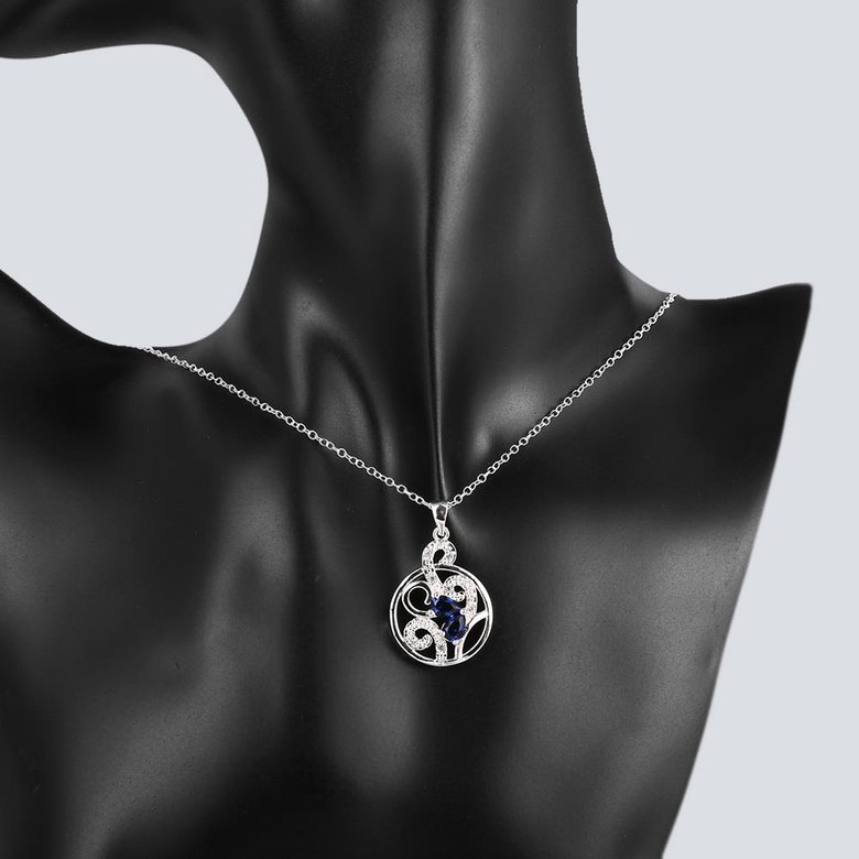Wholesale Romantic Silver Plated blue CZ hollow round Necklace delicate hot sale women jewelry TGSPN010 4