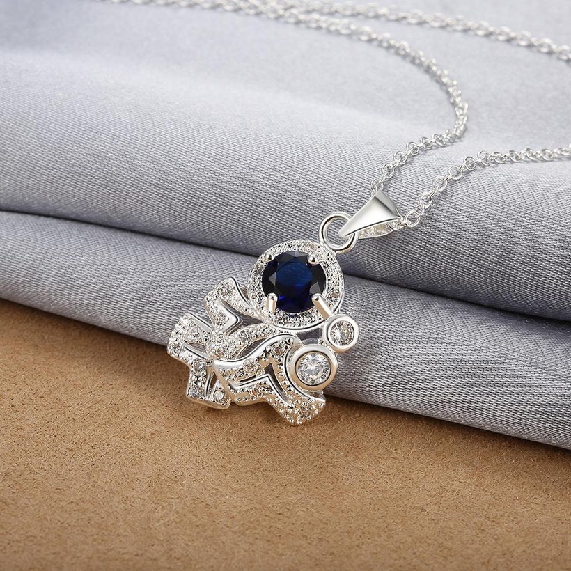 Wholesale Romantic Silver Plated blue CZ retro Necklace delicate hot sale women jewelry TGSPN011 2