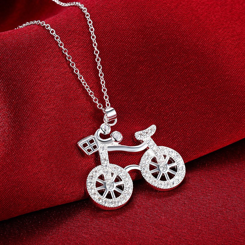 Wholesale Creative Bicycle Silver Geometric White CZ Necklace TGSPN522 3
