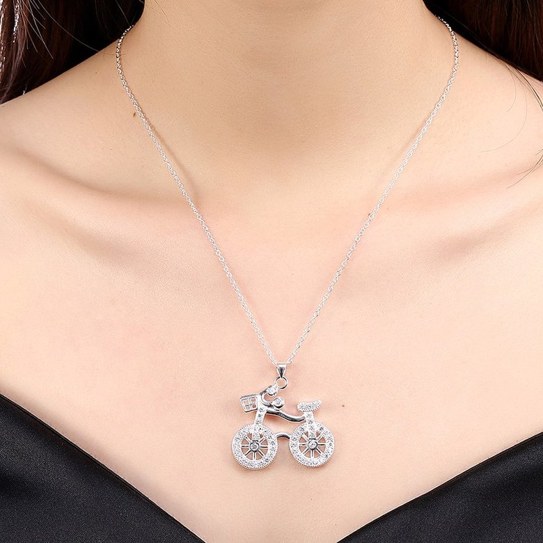 Wholesale Creative Bicycle Silver Geometric White CZ Necklace TGSPN522 4