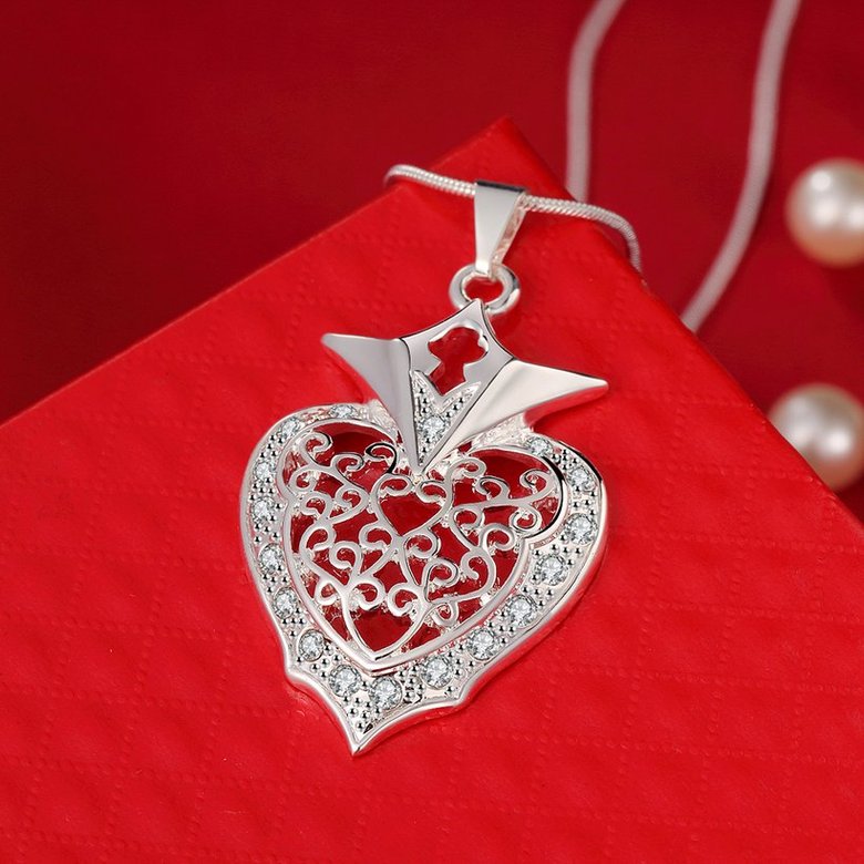 Wholesale Trendy Silver Heart Crystal Necklace Free Shipping TGSPN429 2