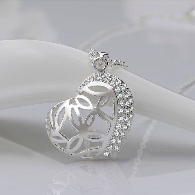 Wholesale Romantic Silver Heart CZ Necklace TGSPN588 3