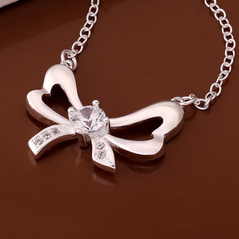 Wholesale Romantic Silver Bowknot CZ Necklace TGSPN683 1