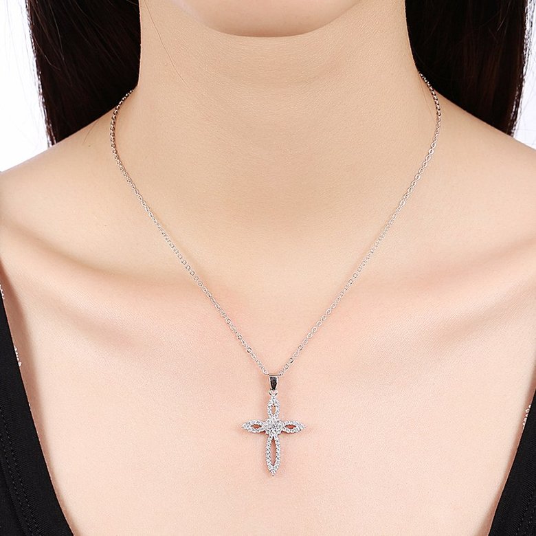 Wholesale Romantic 925 Sterling Silver Cross White CZ Necklace TGSSN125 4