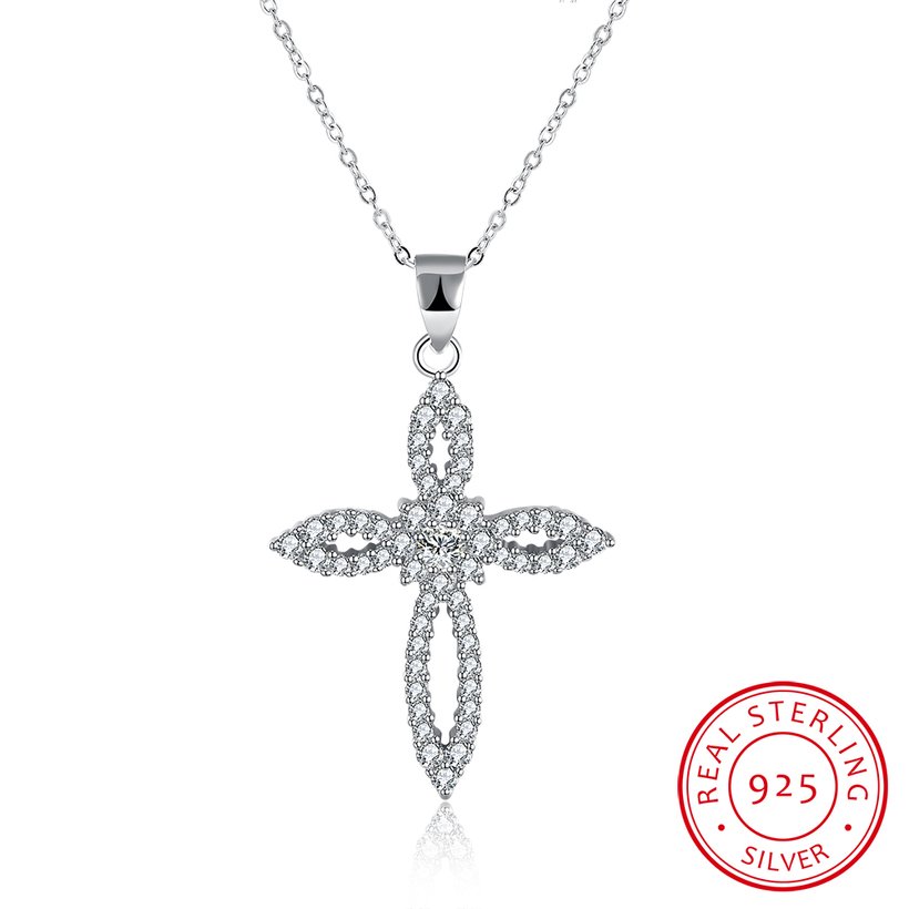 Wholesale Romantic 925 Sterling Silver Cross White CZ Necklace TGSSN125 5