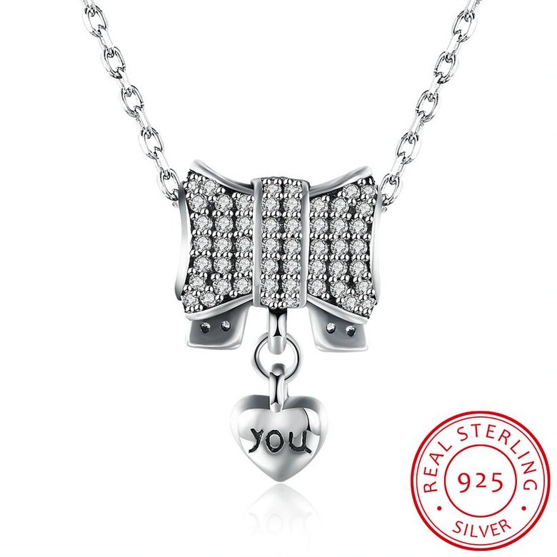 Wholesale Romantic 925 Sterling Silver Bowknot Heart CZ Necklace TGSSN126 4