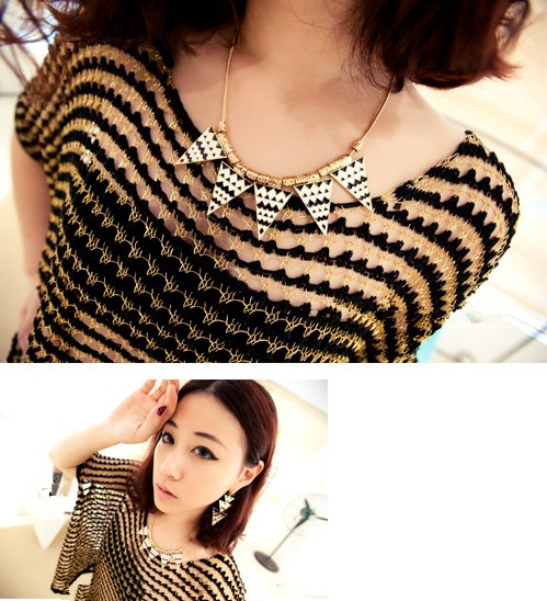 Wholesale  Women Gold-color Punk Necklaces Triangle Black and white corrugated Pendant Necklace Vintage wholesale Jewelry VGN016 5