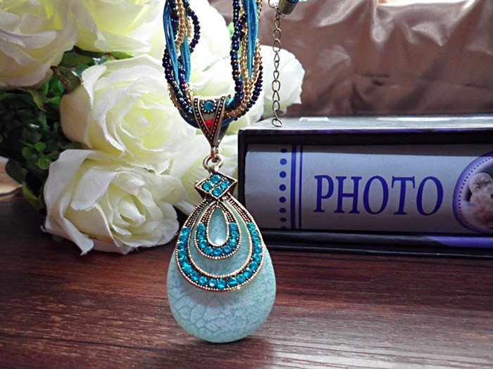 Wholesale Fashion jewelry from China Retro Bohemia Style Necklace Multilayer Beads Chain Crystal Water Drop Design Resin Pendant Necklace VGN029 3