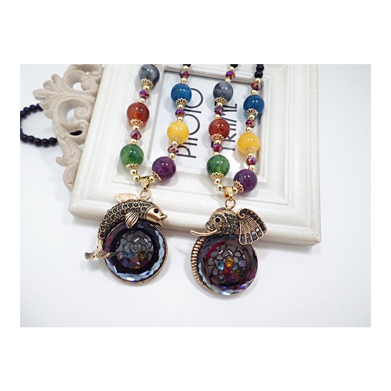Wholesale Fashion Vintage Elephant and fish Pendant Necklace Woman Men bead Jewelry Shiny Glass Crystal sweater chain VGN046 2