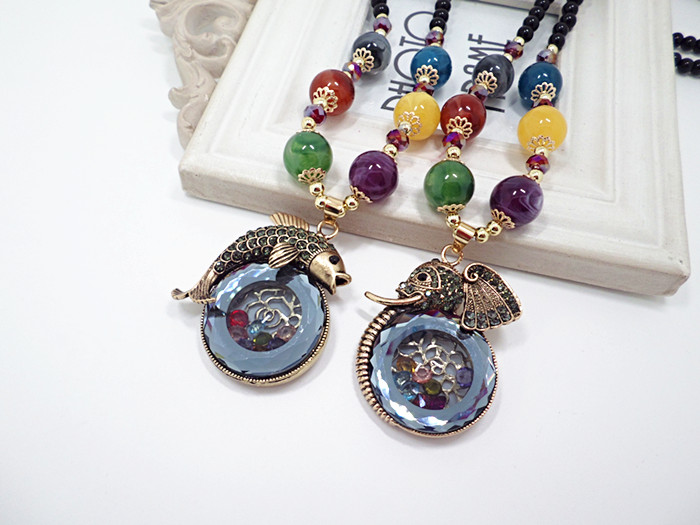 Wholesale Fashion Vintage Elephant and fish Pendant Necklace Woman Men bead Jewelry Shiny Glass Crystal sweater chain VGN046 3