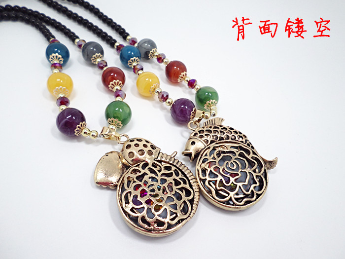 Wholesale Fashion Vintage Elephant and fish Pendant Necklace Woman Men bead Jewelry Shiny Glass Crystal sweater chain VGN046 4