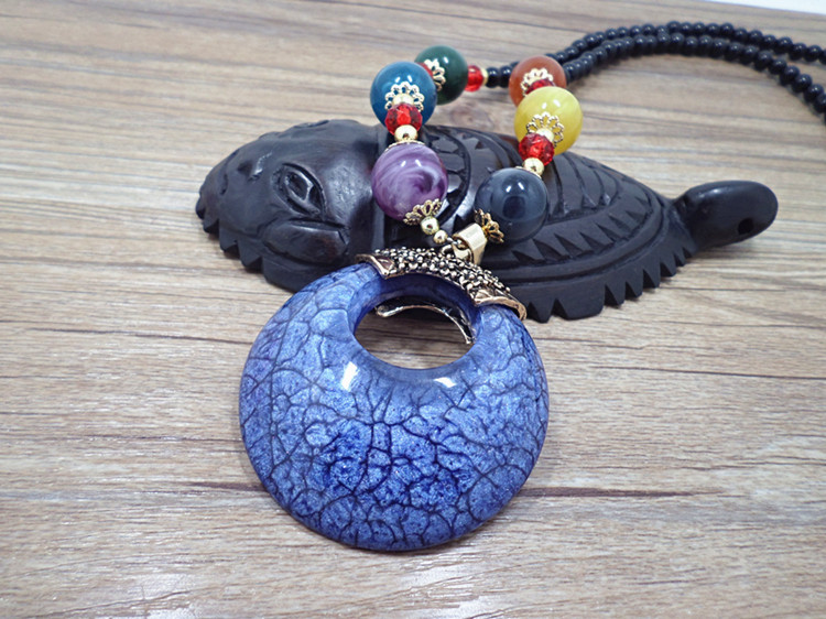 Wholesale Retro Bohemia Blue circle droplet Necklace For Woman Big Pendant sweater chain  Fashion Jewelry VGN053 1