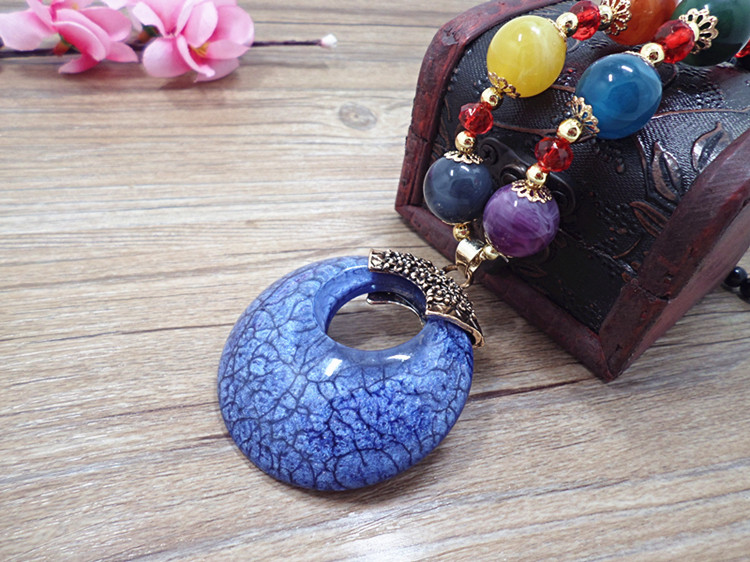 Wholesale Retro Bohemia Blue circle droplet Necklace For Woman Big Pendant sweater chain  Fashion Jewelry VGN053 2
