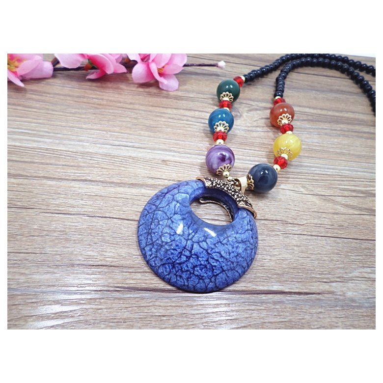Wholesale Retro Bohemia Blue circle droplet Necklace For Woman Big Pendant sweater chain  Fashion Jewelry VGN053 3