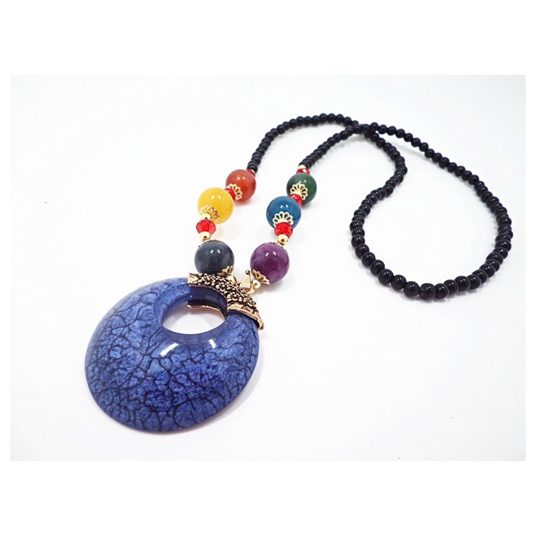 Wholesale Retro Bohemia Blue circle droplet Necklace For Woman Big Pendant sweater chain  Fashion Jewelry VGN053 4