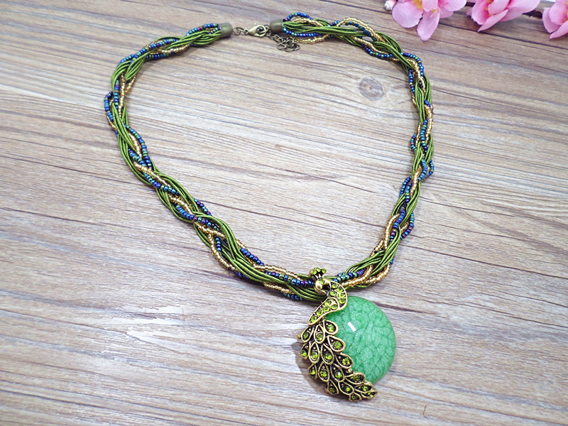 Wholesale Bohemia Necklace Crack Peacock Pendant Multilayer Colorful Natural Stone Beads Chain Vintage Necklace Jewelry Fashion For Women VGN056 1