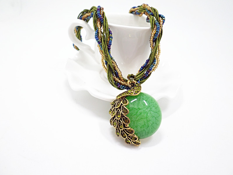Wholesale Bohemia Necklace Crack Peacock Pendant Multilayer Colorful Natural Stone Beads Chain Vintage Necklace Jewelry Fashion For Women VGN056 2