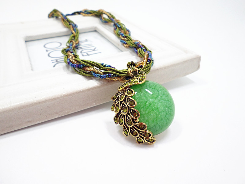Wholesale Bohemia Necklace Crack Peacock Pendant Multilayer Colorful Natural Stone Beads Chain Vintage Necklace Jewelry Fashion For Women VGN056 4