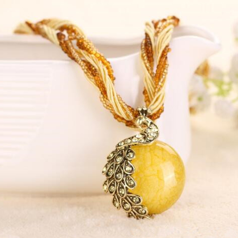 Wholesale Bohemia Necklace Crack Peacock Pendant Multilayer Colorful Natural Stone Beads Chain Vintage Necklace Jewelry Fashion For Women VGN056 8