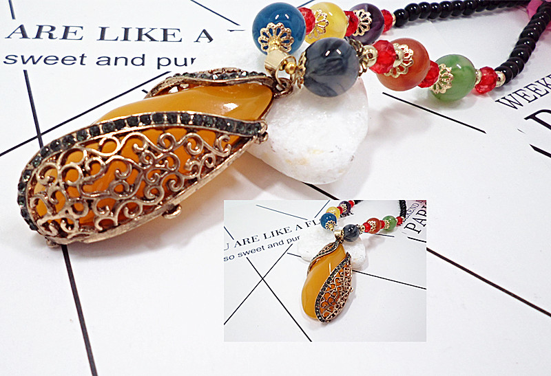 Wholesale Ethnic Jewelry Bohemian Colorful for Women Beads beeswax Pendant Necklace Hollow Pattern Long Pendant Necklace Jewelry VGN062 0
