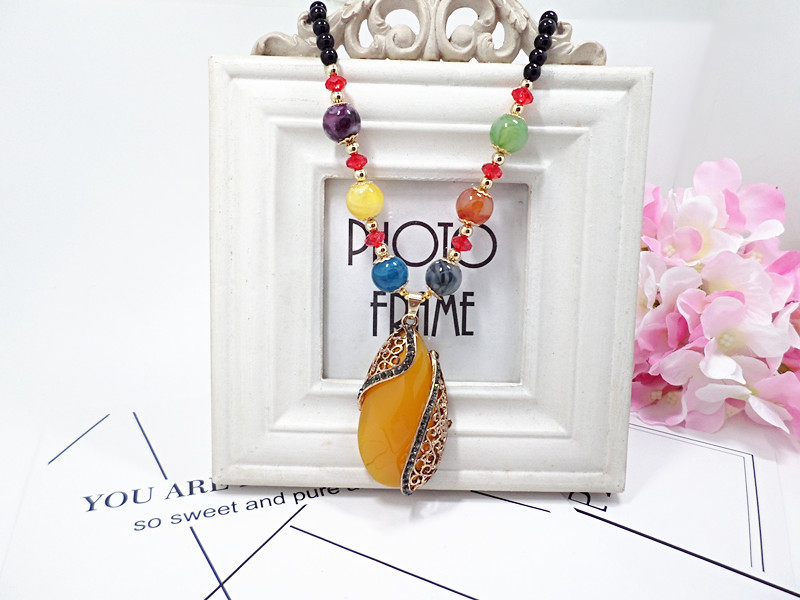 Wholesale Ethnic Jewelry Bohemian Colorful for Women Beads beeswax Pendant Necklace Hollow Pattern Long Pendant Necklace Jewelry VGN062 3