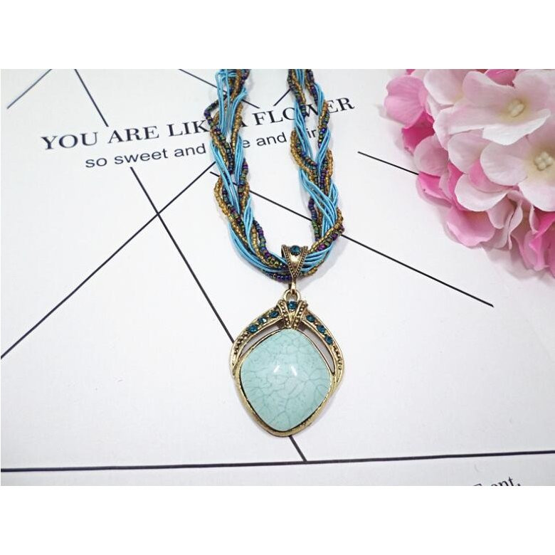 Wholesale New Bohemian Pendant Necklace Vintage Rhombus Crystal Pendant Bohemia Style Multilayer Chain Handmade Retro Necklace  VGN064 2