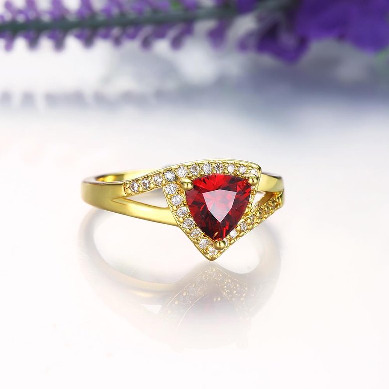 Wholesale Classic 24K Gold Geometric Red triangle Ring 5A CZ Zirconia Wedding Jewelry  Engagement for Women Gift TGCZR456 2