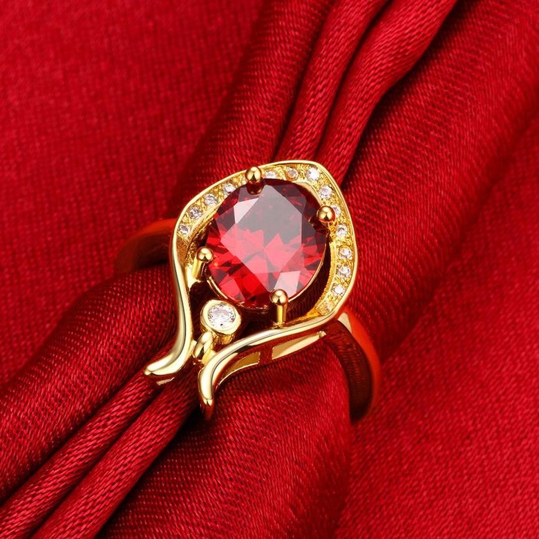 Wholesale European and American Ring Plated 24K Gold color Love water drop Red Crystal Proposal Ring for Women Jewelry Engagement Ring TGCZR461 3
