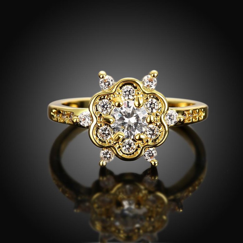 Wholesale Romantic 24K Gold Plated White CZ Ring Luxury Crystal Flower Rings For Women Wedding Engagement jewelry TGCZR147 2