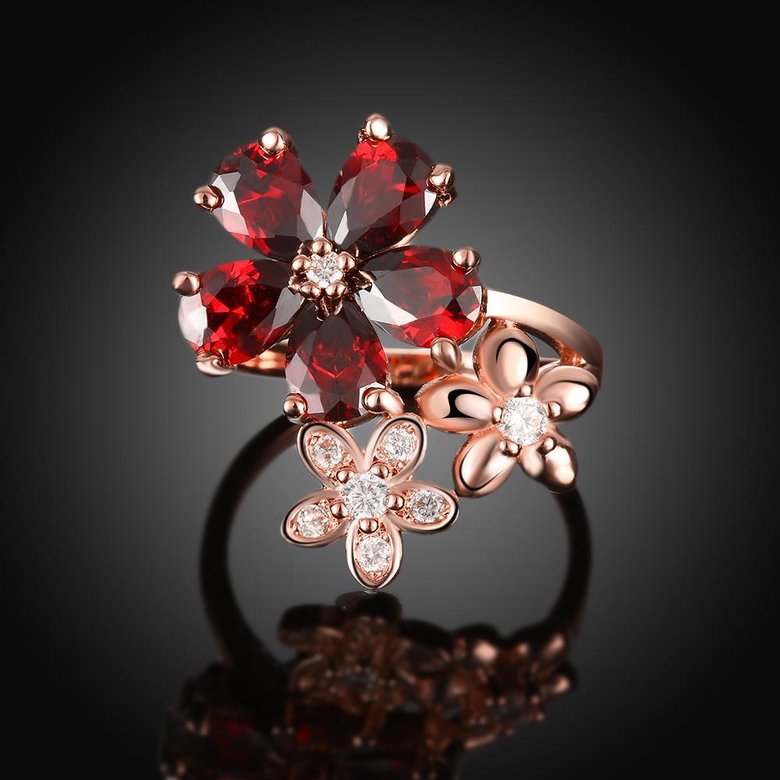 Wholesale Korean Fashion rose gold Crystal zircon Ring big red Flower Shape Elegant Vintage Rings For Women wedding party Jewelry TGCZR184 1