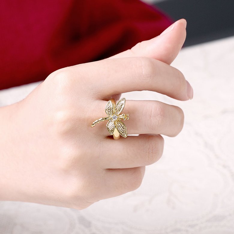 Wholesale Trendy 24K Gold Romantic Beautiful Lovely Dragonfly Insect  White CZ Ring TGGPR020 3