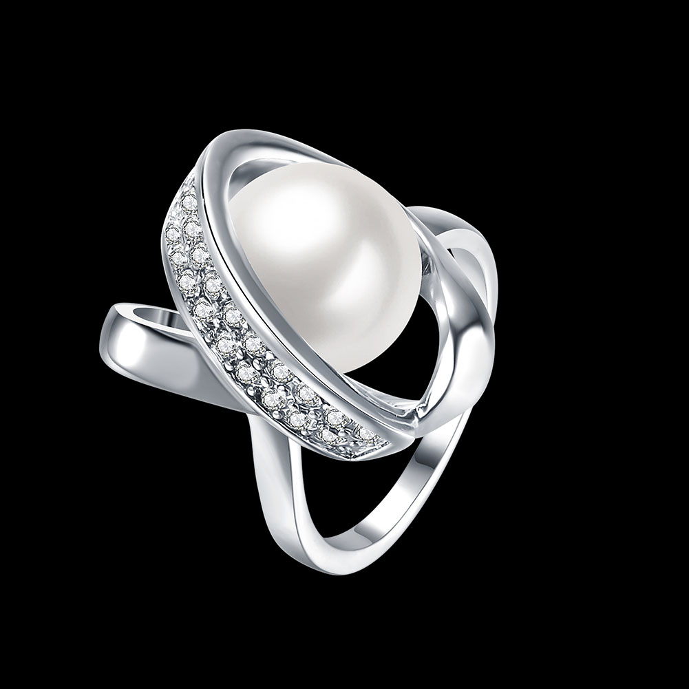 Wholesale Romantic Platinum Round White pearl zircon Ring Beautiful Shinning Party weddingJewelry TGPR016 0